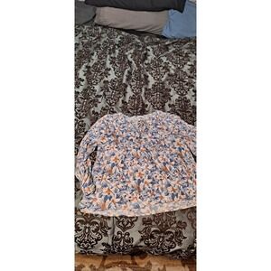 Pretty Garden Blouse Women's XL  Blue Peach Brown Floral Long Sleeve Pullover